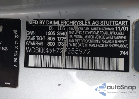 2002 Mercedes-Benz Slk 230 Kompressor из США, поврежденный, VIN WDBKK49F72F255972